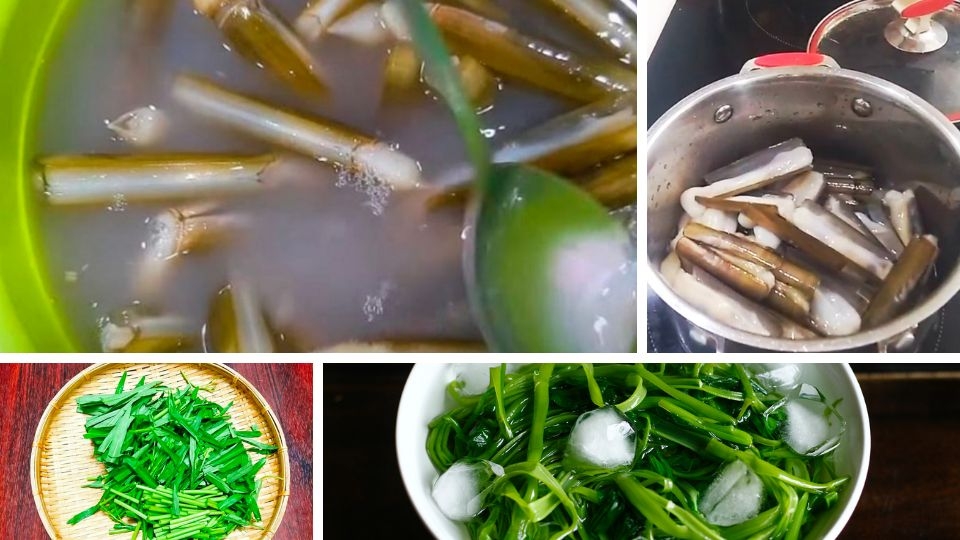 sơ chế nguyên liệu làm ốc móng tay xào rau muống