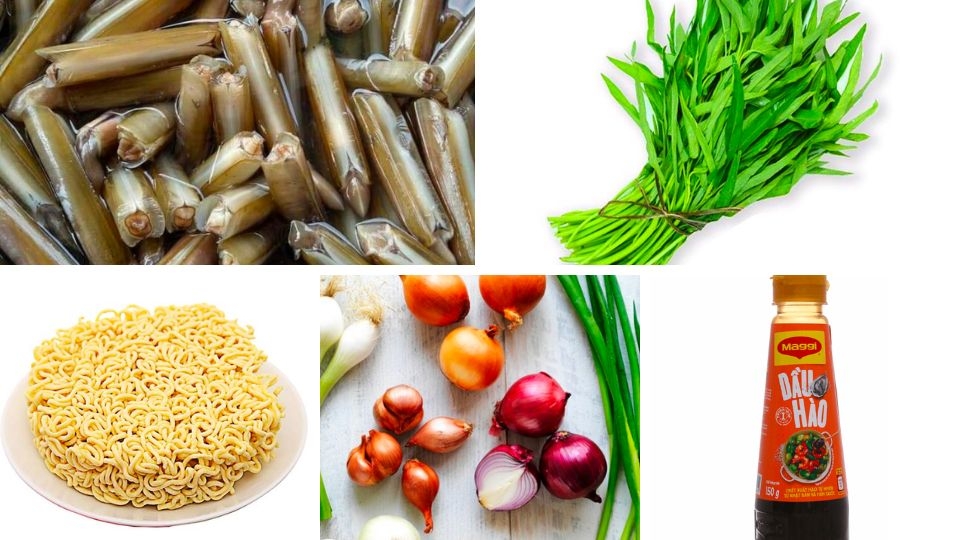 nguyên liệu làm ốc móng tay xào rau muống và mì tôm