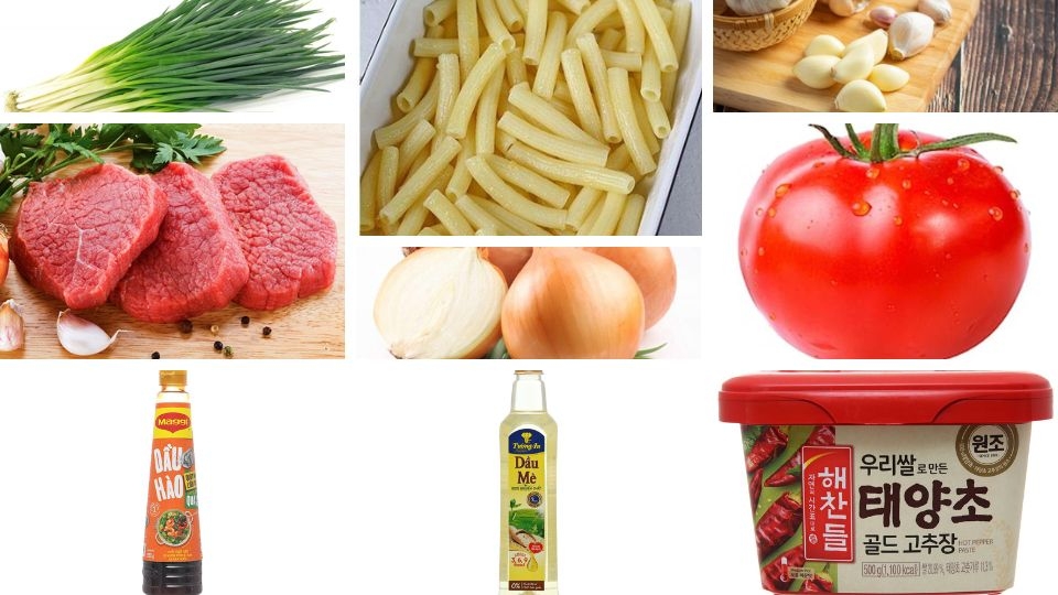 nguyên liệu làm nui xào bò và cà chua