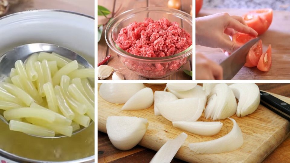 sơ chế nguyên liệu làm nui xào bò và cà chua