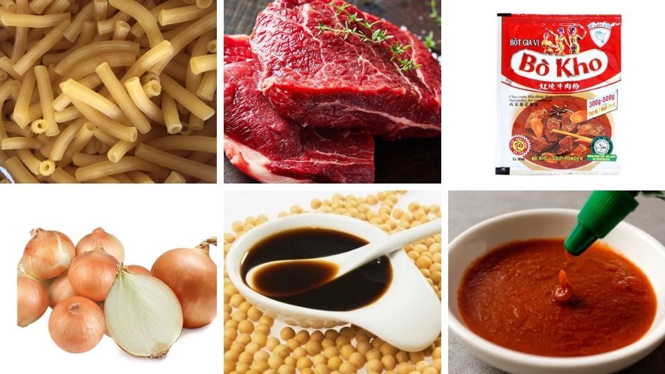 nguyên liệu làm nui xào bò và sốt bò kho