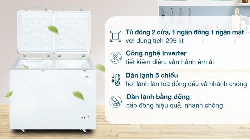 tủ đông AQUA còn thiết kế với 1 ngăn làm đông và 1 ngăn làm mát có thể đáp ứng được khả năng có thể bảo quản được thực phẩm