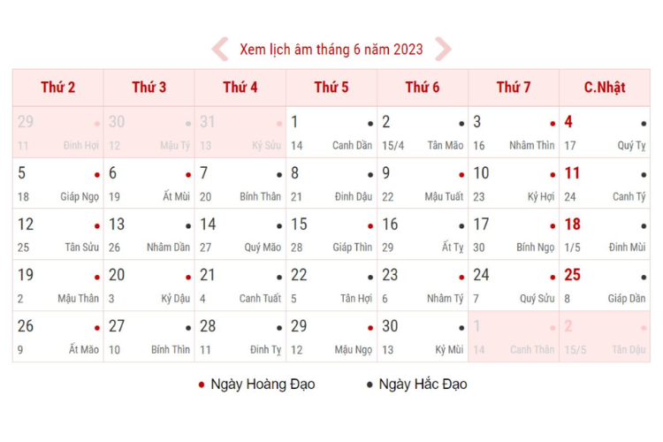 số ngày âm lịch trong tháng 6