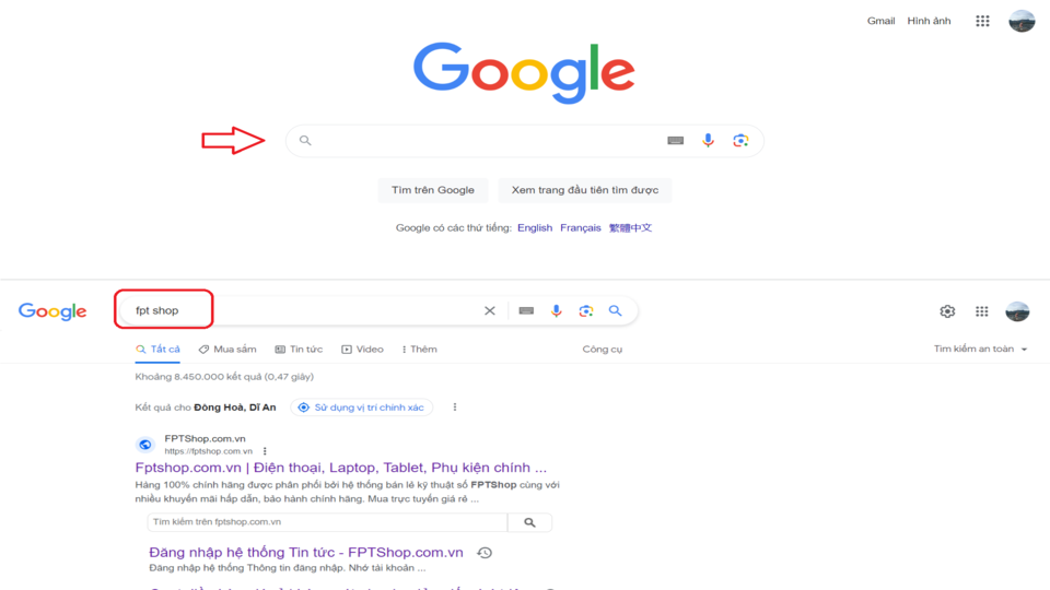 Sử dụng thanh tìm kiếm trên Google