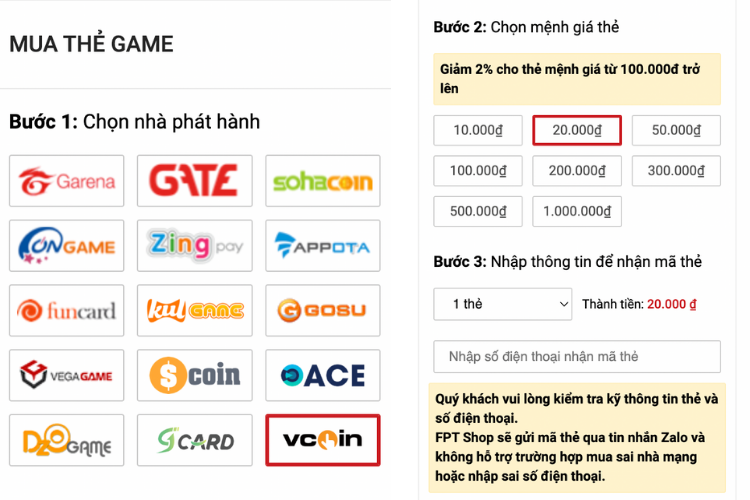 Mua Vcoin tại FPT Shop chiết khấu cao