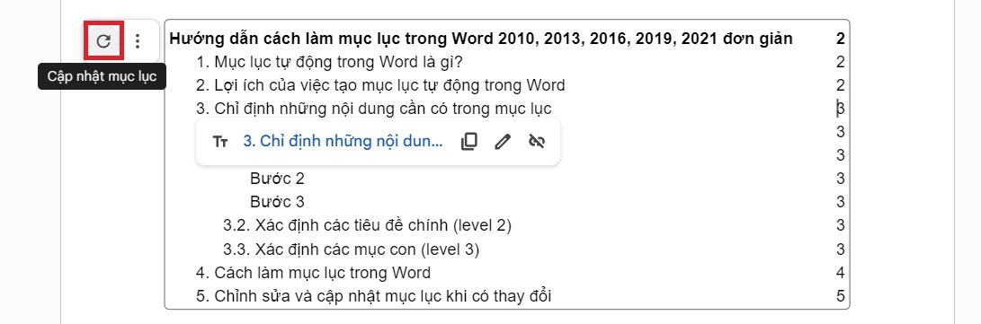 Cập nhật mục lục trong Google Docs (cách 1)