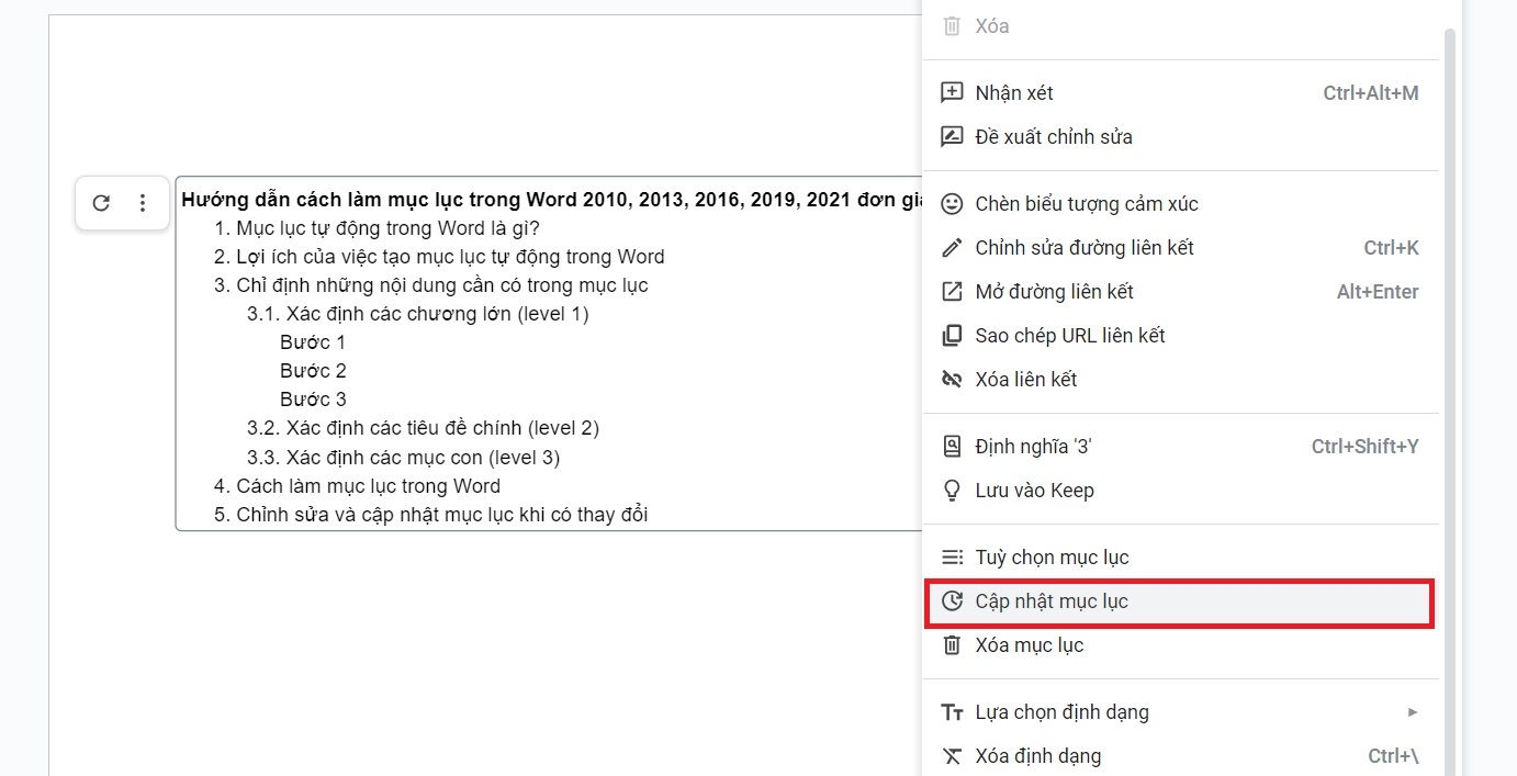 Cập nhật mục lục trong Google Docs (cách 2)
