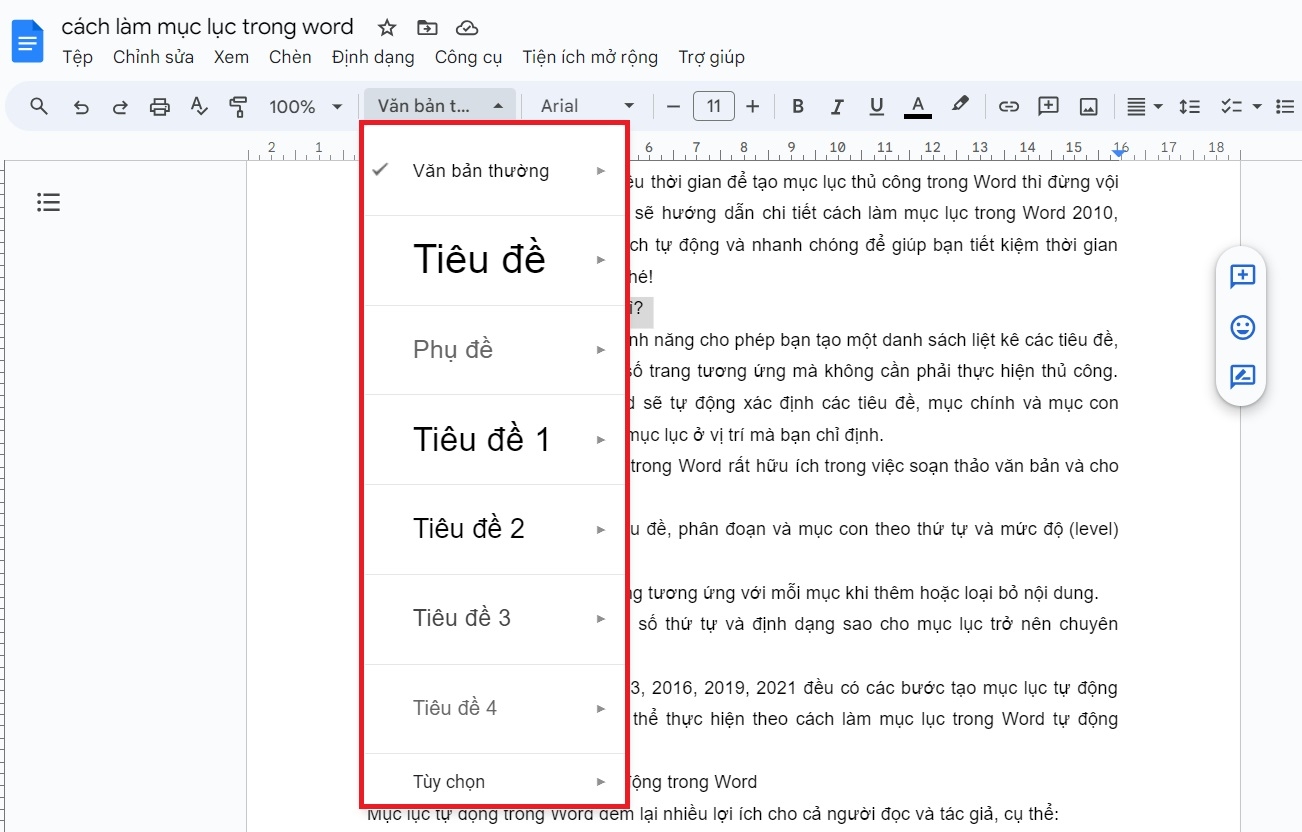 Chỉ định thẻ Headings cho tiêu đề trong Google Docs