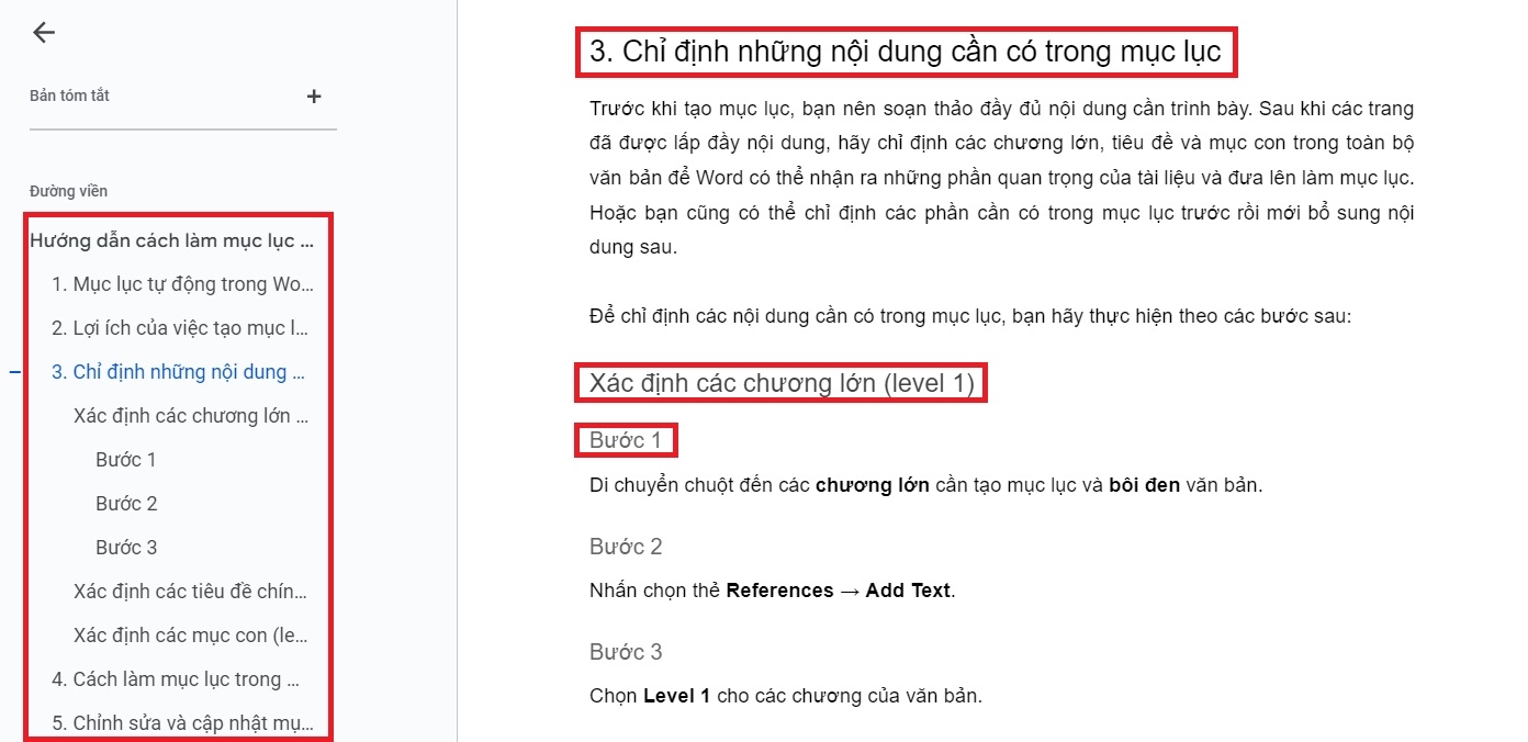 Kết quả khi thực hiện theo cách tạo outline trong Google Docs