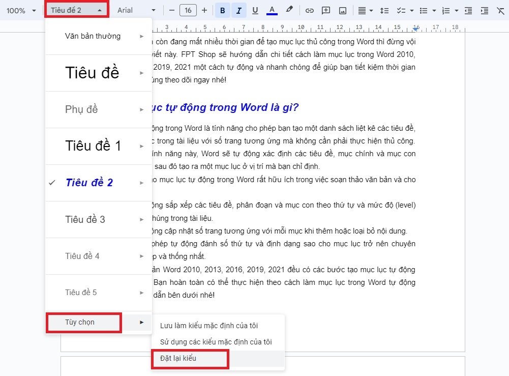 Tính năng đặt lại kiểu trong Google Docs
