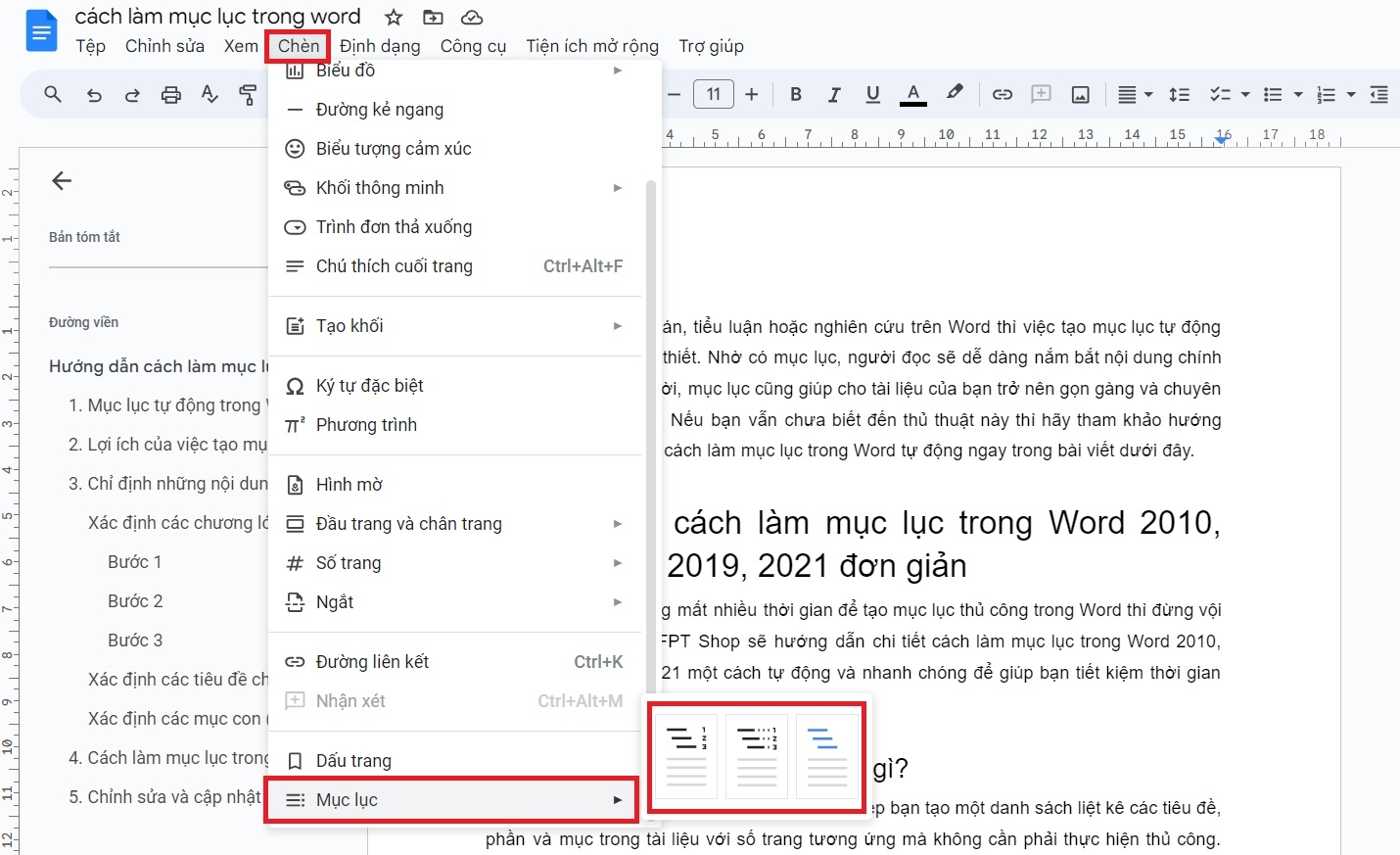 Tạo mục lục trong Google Docs