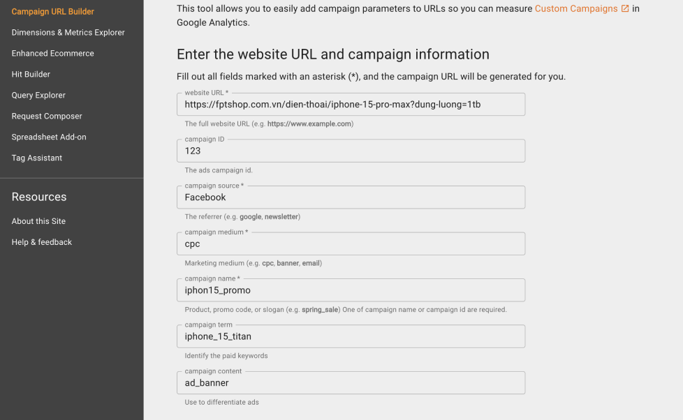 Bước 3. Điền thông tin vào các trường UTM parameters