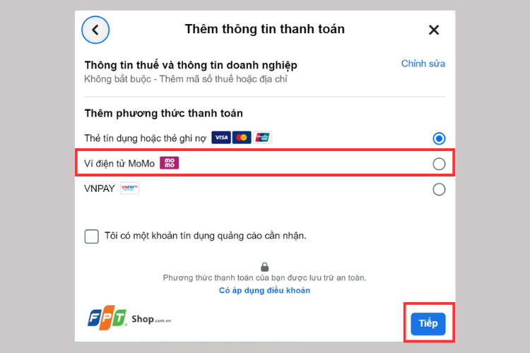 Chọn vào Thêm phương thức thanh toán