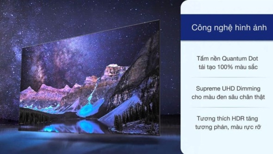 Màn hình của tivi sẽ đem đến được hình ảnh vô cùng chân thực, cùng với dải màu sắc rất sống động từ công nghệ hiện đại của màn hình chấm lượng tử Quantum Dot