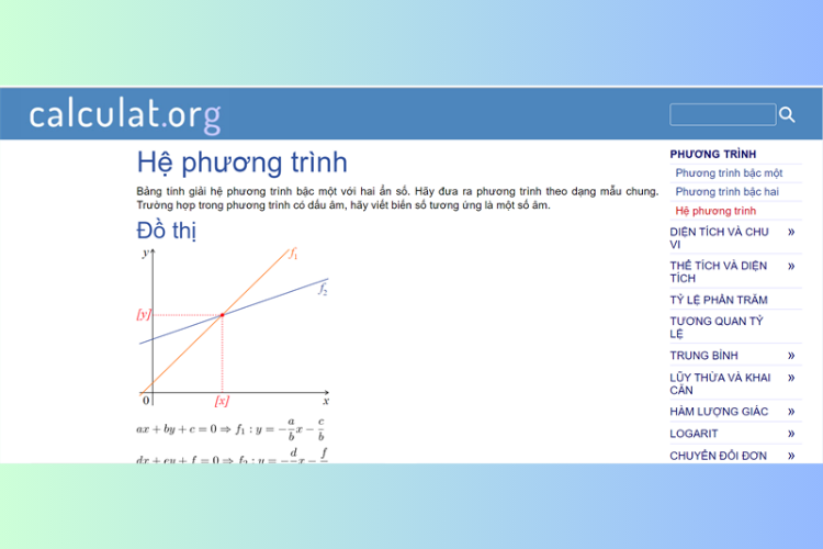 calculat.org: Giải hệ phương trình bậc một với 2 ẩn số