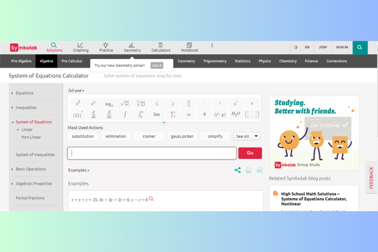symbolab.com - Giải hệ phương trình online chuẩn xác