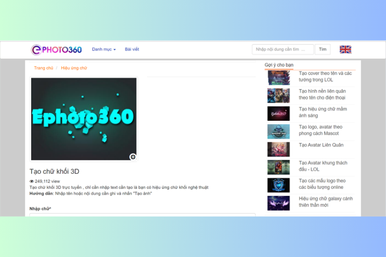 Ephoto360.com - Website sáng tạo chữ kiểu 3D nhanh chóng