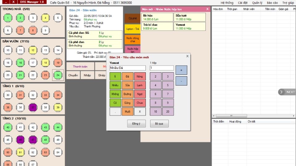 DRS Manager hỗ trợ ghi chú món, thêm, hủy, tách hóa đơn nhanh chóng