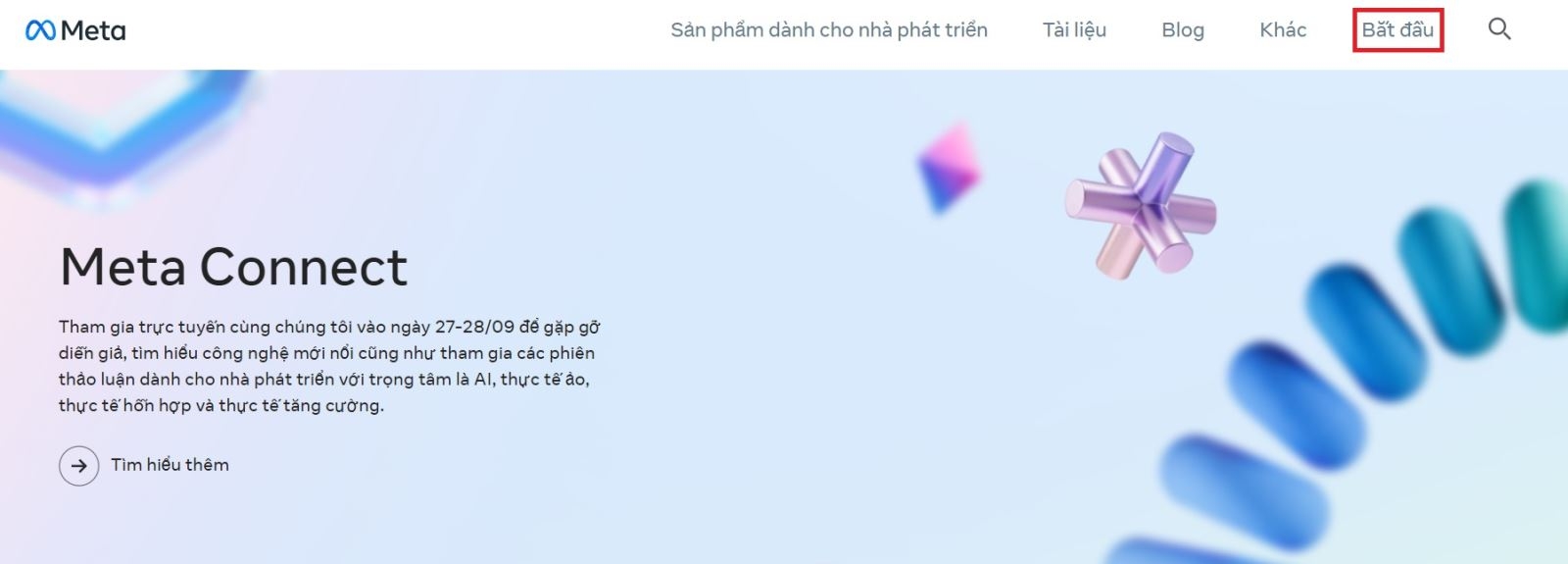 Nhấn vào nút Bắt đầu trên tràn Facebook Developer