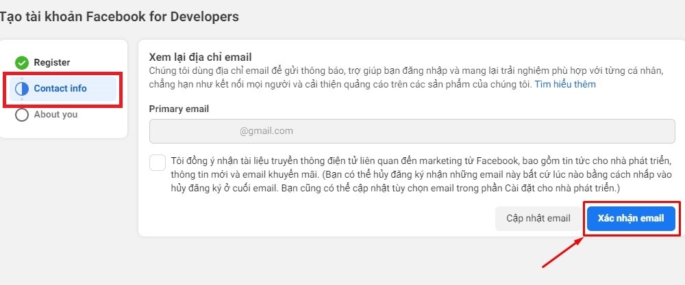 Xác nhận email đăng ký Facebook Developer