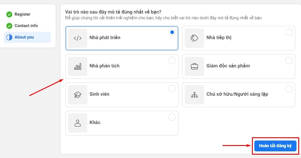 Hoàn thành đăng ký Facebook Developer