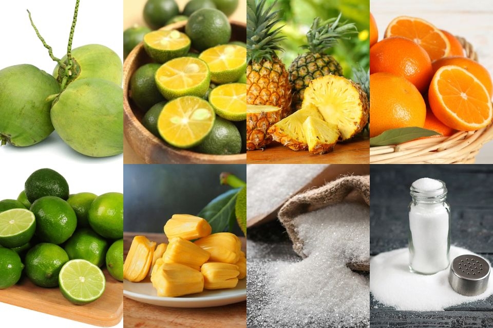 Nguyên liệu làm dừa tắc trái cây