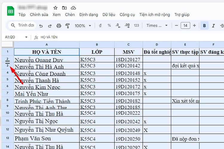 Cách căn chỉnh dòng trong sheet (Hình 1)