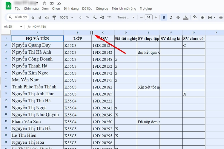 Cách căn chỉnh dòng trong sheet (Hình 3)