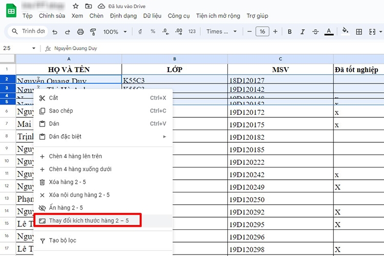 Cách căn chỉnh dòng trong sheet (Hình 5)
