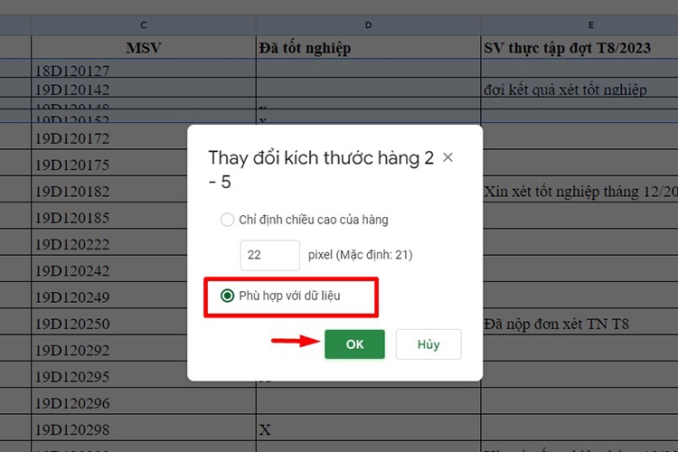 Cách căn chỉnh dòng trong sheet (Hình 6)
