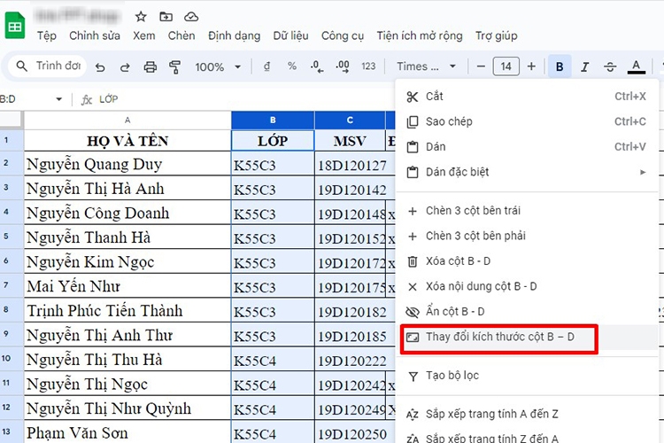 Cách căn chỉnh dòng trong sheet (Hình 8)