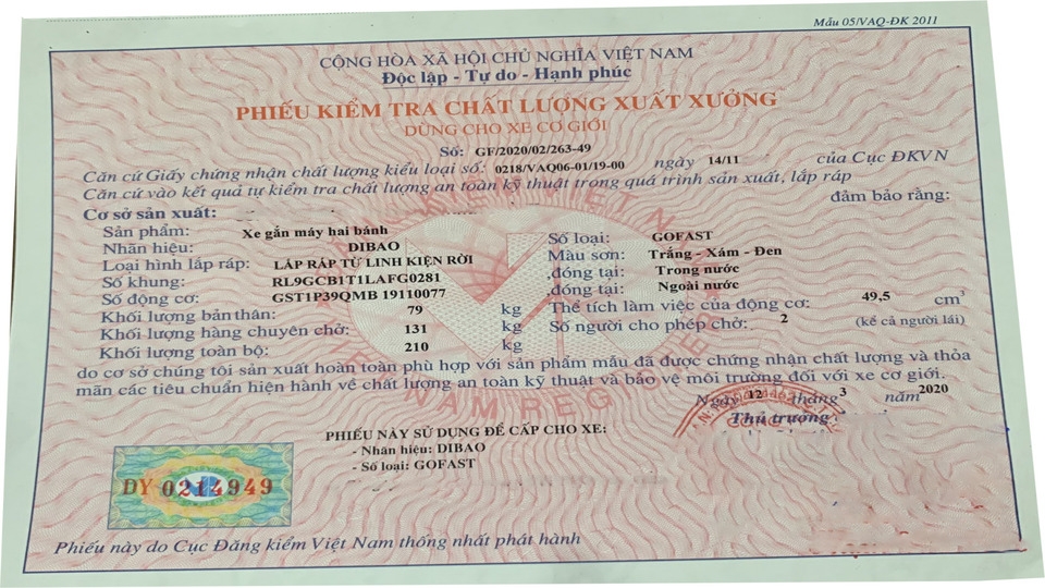 Phiếu kiểm tra chất lượng, nguồn gốc của xe từ đại lý