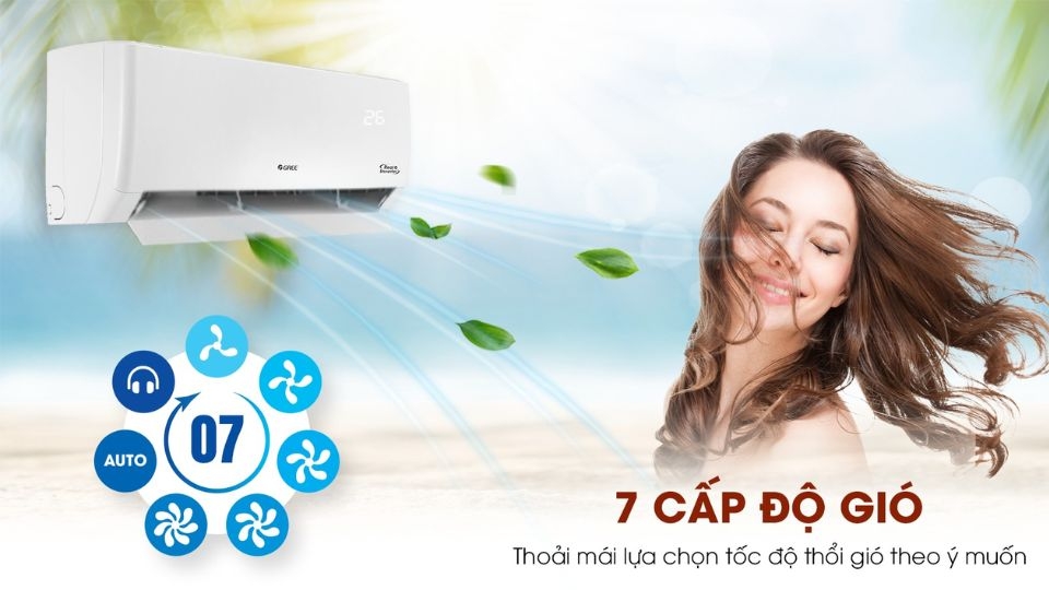 Điều hòa Gree Inverter 2 HP GWC18PC-K3D0P4 giúp người dùng chọn chế độ gió phù hợp với 7 cấp độ gió khác nhau.