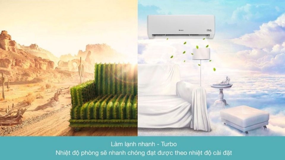 Điều hòa 2 chiều Gree Inverter 1.5 HP GWH12PB-K6D1P4 tăng cường khả năng làm lạnh nhanh với chế độ làm lạnh Turbo.