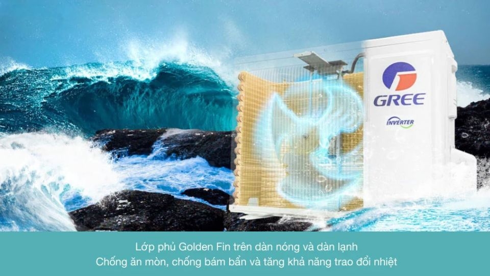 Điều hòa Gree Inverter 1 HP GWC09PB-K3D0P4 trang bị lớp phủ Golden Fin trên dàn và dàn nóng, chống ăn mòn hiệu quả.