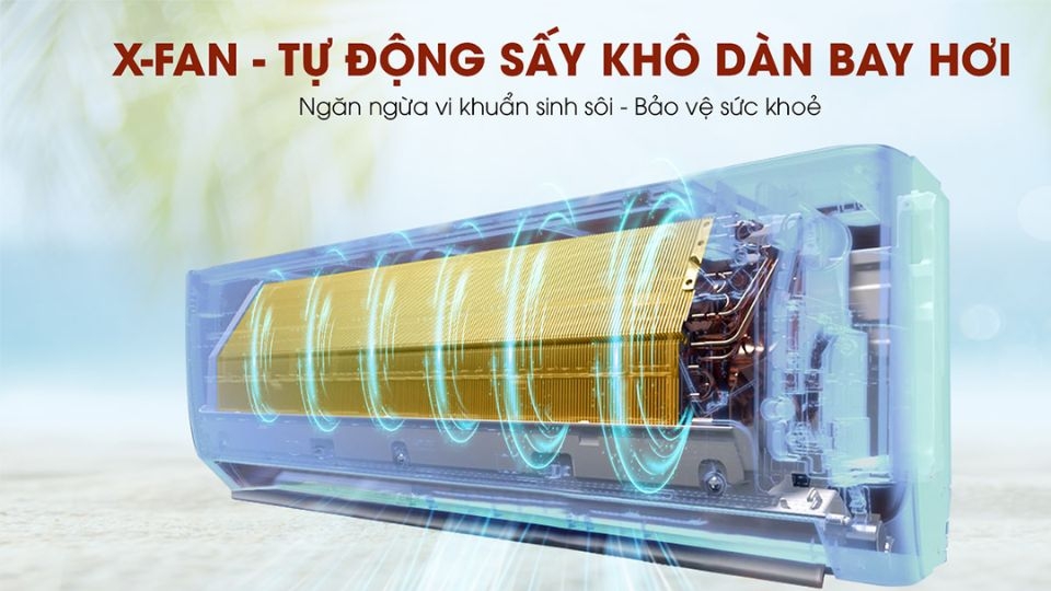 Điều hòa Gree Inverter 1 HP GWC09FB-K6D9A1W trang bị chế độ X-Fan, tự động sấy khô dàn lạnh, ngăn ngừa vi khuẩn phát triển.