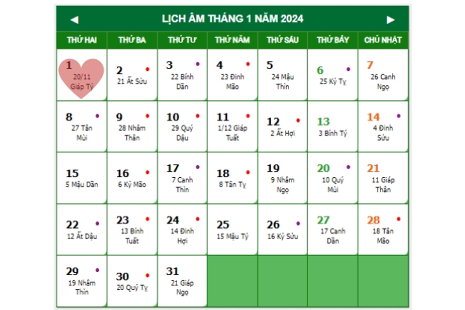 Lịch tháng Giêng theo Âm lịch.
