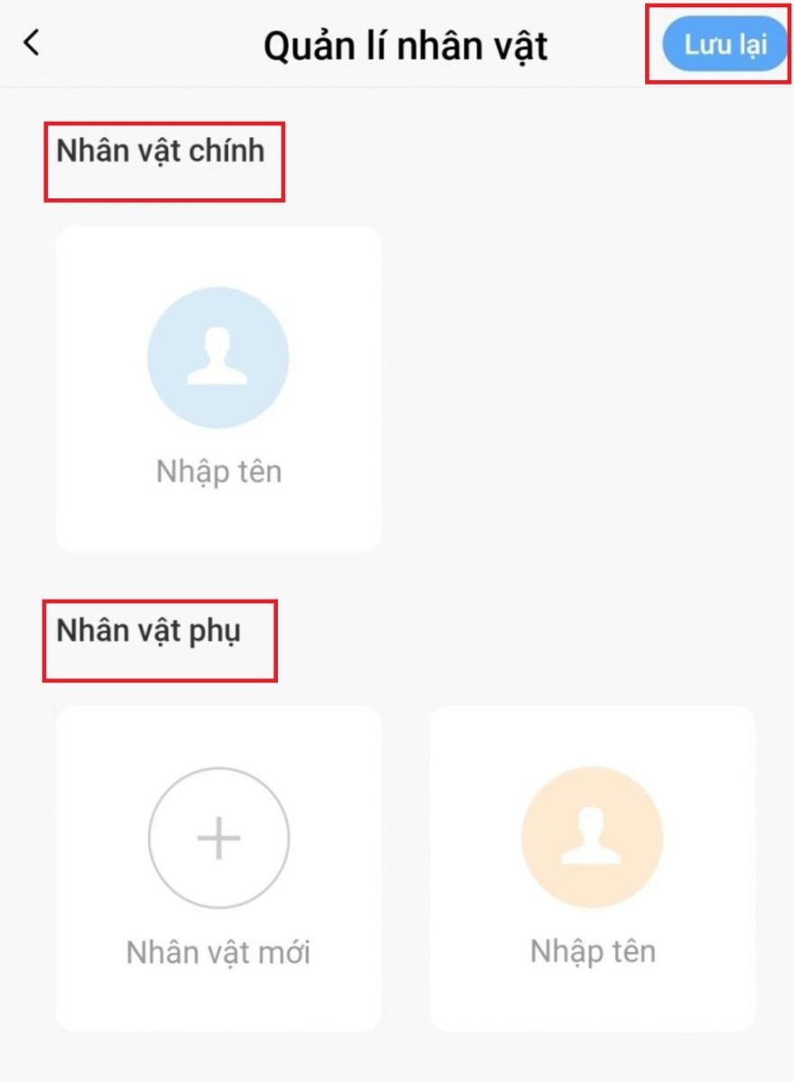 Nhập tên nhân vật chính và nhân vật phụ