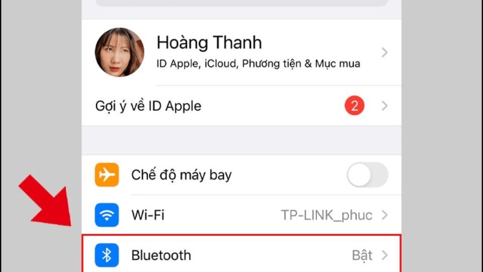 Mở bluetooth trong cài đặt iPhone