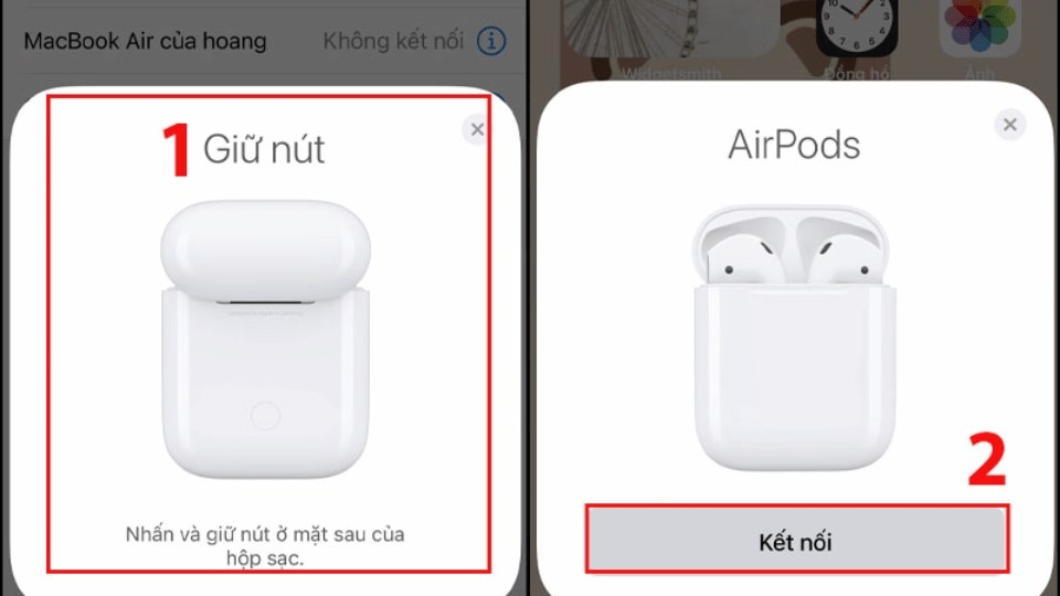 Nhấn và giữ nút trên hộp AirPods