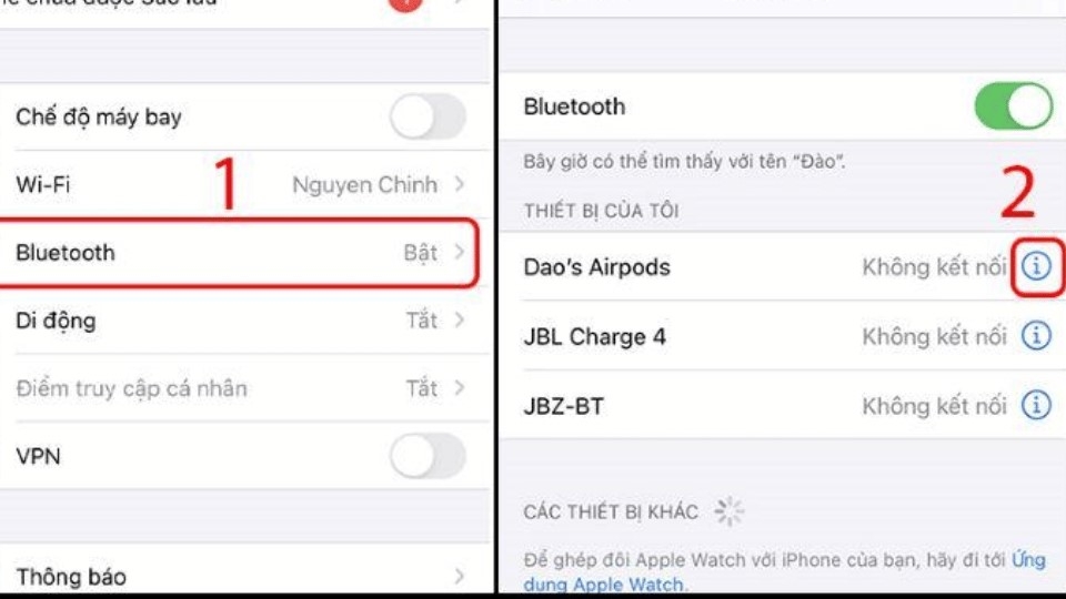 Vào “Cài đặt” > Bấm chọn “Bluetooth” > Bấm chọn chữ “i” bên phải tên Airpods.