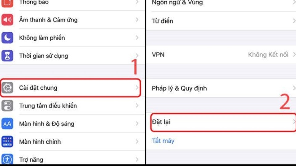 Vào “Cài đặt” > Bấm chọn “Cài đặt chung” > Đặt lại.