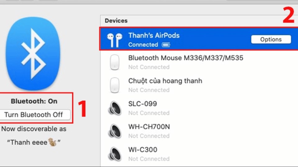 Bật Bluetooth “On” > Nhấn vào tên AirPods của bạn.