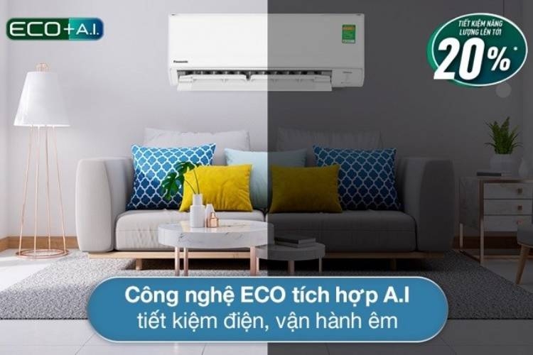 Chế độ ECO tích hợp AI trong máy lạnh Panasonic Inverter 1.5 HP giúp nâng cao hiệu quả tiết kiệm năng lượng mà vẫn đảm bảo hiệu quả làm mát tối ưu