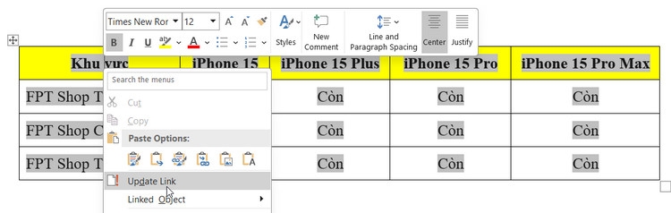 Chèn bảng Excel vào Word dưới dạng liên kết Excel với Word 4