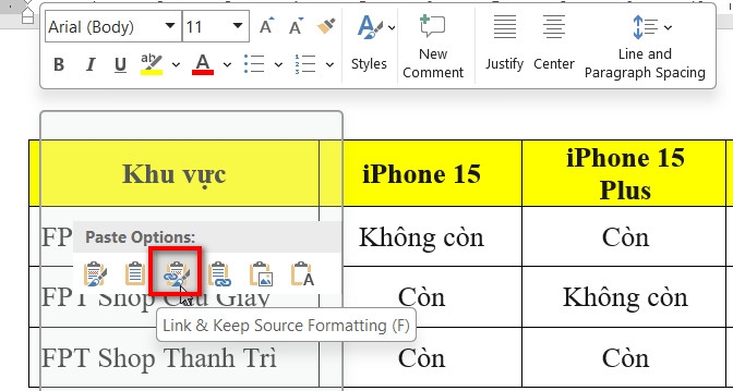Chèn bảng Excel vào Word dưới dạng liên kết Excel với Word 3