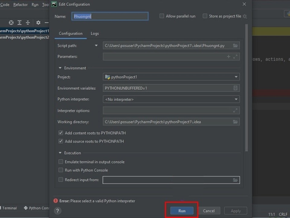 Nhấn chọn “Run” để tiến hành chạy file Python