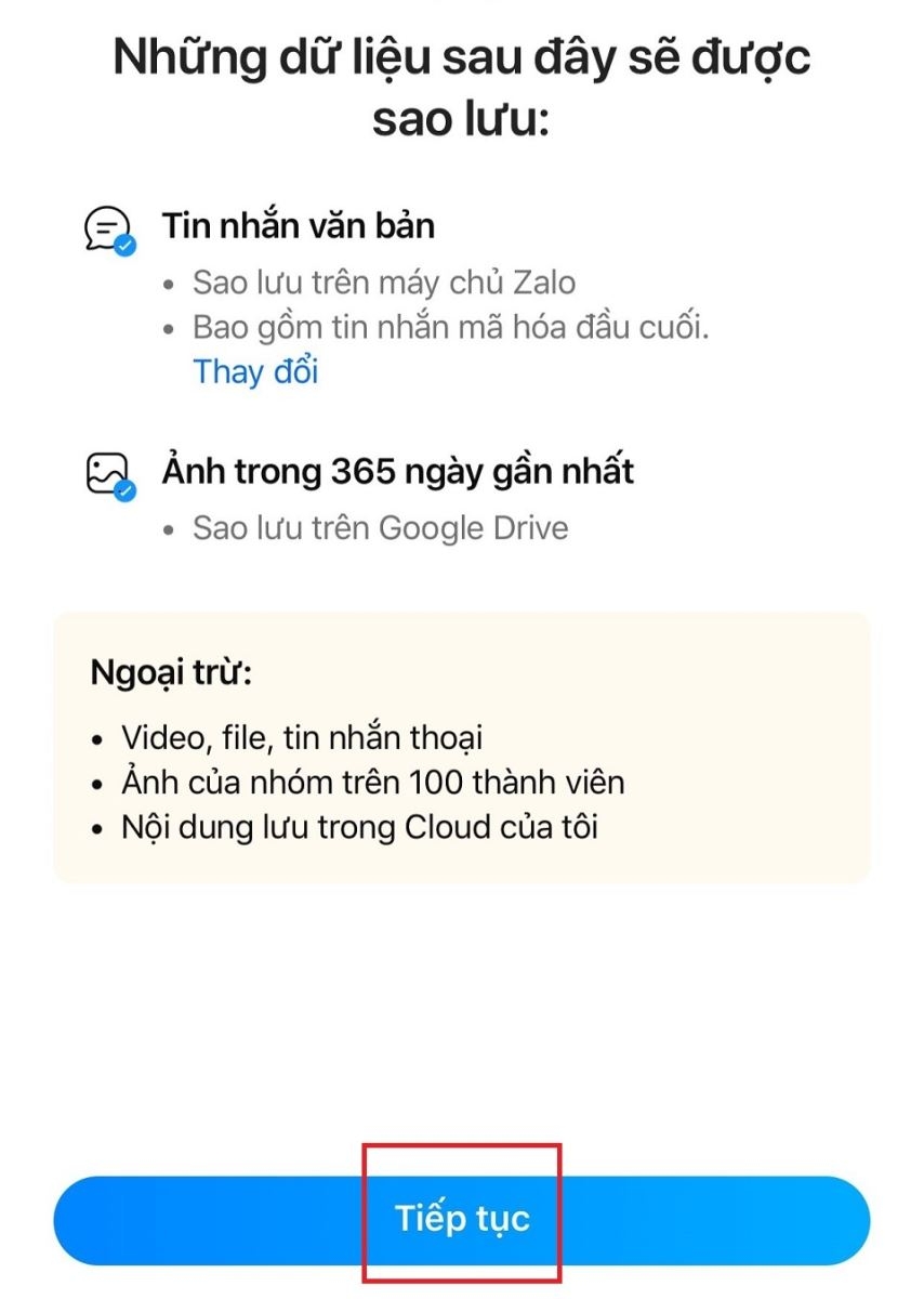 Nhấn chọn “Tiếp tục” để hoàn tất quá trình khôi phục file trên Zalo