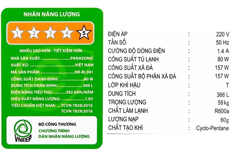nhãn dán thông số kỹ thuật của tủ lạnh
