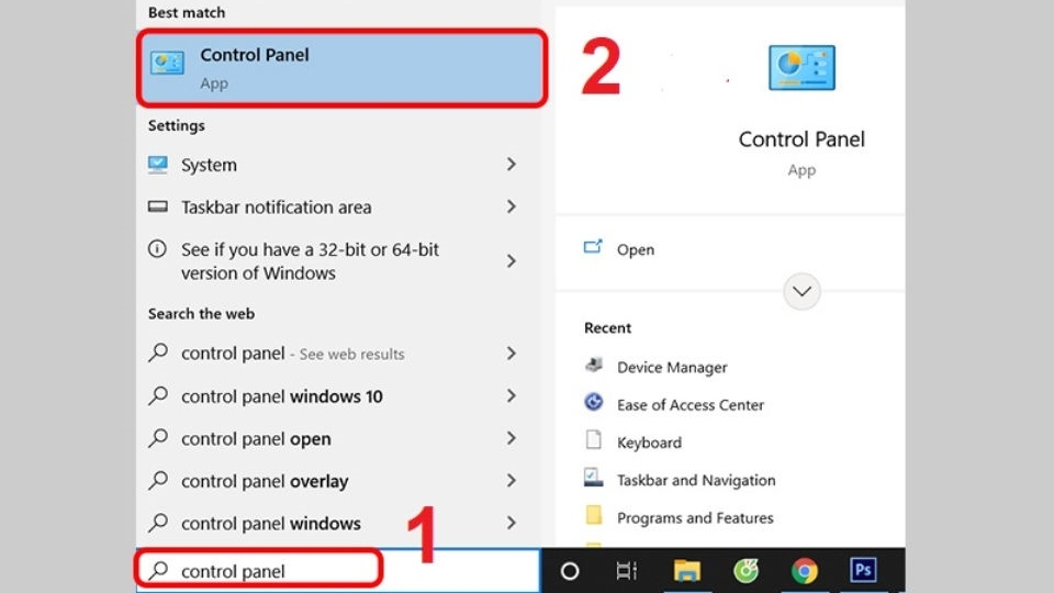 Nhập tìm kiếm và mở Control Panel